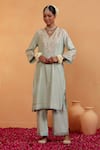 SWATI WADHWANI COUTURE_Blue Chanderi Embellished Gota Pati V Neck Noor Detailed Kurta Set _Online_at_Aza_Fashions