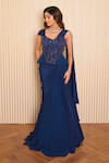 Buy_VRIDHI SOMAANI_Blue Crepe Hand Embroidered Isabel Pre-draped Lehenga Saree With Corset Blouse _at_Aza_Fashions