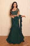 VRIDHI SOMAANI_Green Crepe Hand Embroidered Tassel Ivy Pre-draped Lehenga Saree With Blouse _Online_at_Aza_Fashions