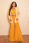 Buy_VRIDHI SOMAANI_Yellow Silk Crepe Printed Tropical Corset Amelia Blazer And Flared Pant Set _at_Aza_Fashions