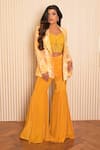 Buy_VRIDHI SOMAANI_Yellow Silk Crepe Printed Tropical Corset Amelia Blazer And Flared Pant Set _Online_at_Aza_Fashions