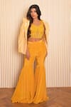 Shop_VRIDHI SOMAANI_Yellow Silk Crepe Printed Tropical Corset Amelia Blazer And Flared Pant Set _Online_at_Aza_Fashions