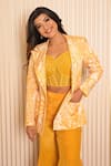 VRIDHI SOMAANI_Yellow Silk Crepe Printed Tropical Corset Amelia Blazer And Flared Pant Set _at_Aza_Fashions