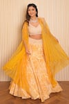 VRIDHI SOMAANI_Yellow Silk Crepe Printed Tropical Blouse V-neck Yaffira Lehenga And Cape Set _Online_at_Aza_Fashions