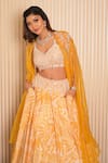 Shop_VRIDHI SOMAANI_Yellow Silk Crepe Printed Tropical Blouse V-neck Yaffira Lehenga And Cape Set _Online_at_Aza_Fashions