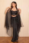 Buy_VRIDHI SOMAANI_Black Satin Georgette Hand Embroidered Pearl Emy Draped Skirt And Cape Set _at_Aza_Fashions