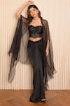 Buy_VRIDHI SOMAANI_Black Satin Georgette Hand Embroidered Pearl Emy Draped Skirt And Cape Set _Online_at_Aza_Fashions