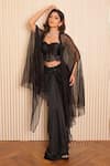 Shop_VRIDHI SOMAANI_Black Satin Georgette Hand Embroidered Pearl Emy Draped Skirt And Cape Set _Online_at_Aza_Fashions