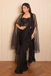 Buy_VRIDHI SOMAANI_Black Wember Satin Hand Embroidered Pearl Eleanor Pre-draped Saree Set With Cape _at_Aza_Fashions