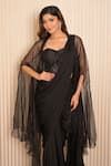 VRIDHI SOMAANI_Black Wember Satin Hand Embroidered Pearl Eleanor Pre-draped Saree Set With Cape _Online_at_Aza_Fashions