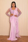 Buy_VRIDHI SOMAANI_Purple Satin Georgette Hand Embroidered Tia Pre-draped Saree With Blouse _at_Aza_Fashions