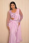 Buy_VRIDHI SOMAANI_Purple Satin Georgette Hand Embroidered Tia Pre-draped Saree With Blouse 