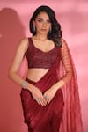 VRIDHI SOMAANI_Maroon Crepe Hand Embroidered Beads Leaf Luna Pre-draped Saree With Blouse _at_Aza_Fashions