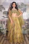 Buy_VRIDHI SOMAANI_Green Tissue Printed Floral Blouse Sweetheart Clara Lehenga Set With Jacket _at_Aza_Fashions