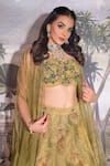 VRIDHI SOMAANI_Green Tissue Printed Floral Blouse Sweetheart Clara Lehenga Set With Jacket _at_Aza_Fashions