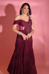 Shop_VRIDHI SOMAANI_Wine Crepe Hand Embroidered Applique Patchwork Sweetheart Thea Saree Gown _at_Aza_Fashions