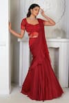 VRIDHI SOMAANI_Red Satin Georgette Hand Scarlet Pre-draped Mermaid Saree With Blouse _Online_at_Aza_Fashions