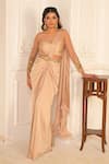 Buy_VRIDHI SOMAANI_Gold Satin Georgette Hand Georgina Pre-draped Saree With Ruched Blouse _at_Aza_Fashions