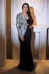 Shop_VRIDHI SOMAANI_Black Silk Crepe Printed Tropical Asymmetric Penelope Half Blazer And Pant Set _at_Aza_Fashions