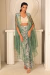 Shop_VRIDHI SOMAANI_Green Silk Crepe Printed Tropical Blouse V-neck Zia Draped Skirt And Cape Set _at_Aza_Fashions