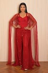 Buy_VRIDHI SOMAANI_Red Net Hand Embroidered Sequins Blouse Sweetheart Rosie Pant Set With Cape _at_Aza_Fashions