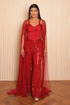 VRIDHI SOMAANI_Red Net Hand Embroidered Sequins Blouse Sweetheart Rosie Pant Set With Cape _Online_at_Aza_Fashions