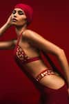 Masaba_Red Heavy Crepe Embroidered Gold The Idgaf Dress With Embellished Bikini Set _Online_at_Aza_Fashions