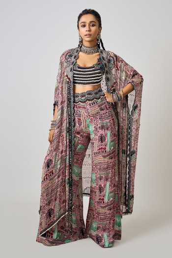 Buy_Nupur Kanoi_Pink Crepe, Georgette Beads, Sequins Abstract Print Pant Set With Kaftan Jacket _at_Aza_Fashions