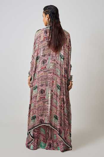 Shop_Nupur Kanoi_Pink Crepe, Georgette Beads, Sequins Abstract Print Pant Set With Kaftan Jacket _at_Aza_Fashions