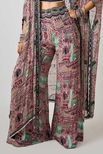 Nupur Kanoi_Pink Crepe, Georgette Beads, Sequins Abstract Print Pant Set With Kaftan Jacket _Online_at_Aza_Fashions