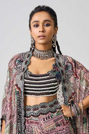 Buy_Nupur Kanoi_Pink Crepe, Georgette Beads, Sequins Abstract Print Pant Set With Kaftan Jacket _Online_at_Aza_Fashions