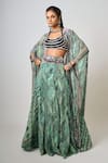 Buy_Nupur Kanoi_Green Crepe Hand Embroidered Abstract Print Lehenga Set With Kaftan Jacket _at_Aza_Fashions