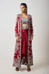 Buy_Nupur Kanoi_Red Silk Embroidery Sequin Stand Ethnic Tribe Long Jacket Pick Up Skirt Set _at_Aza_Fashions