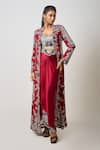 Buy_Nupur Kanoi_Red Silk Embroidery Sequin Stand Ethnic Tribe Long Jacket Pick Up Skirt Set _Online_at_Aza_Fashions