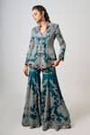 Buy_Nupur Kanoi_Blue Silk, Crepe Sequins, Embroidery, Persian Bloom Peplum Jacket With Gharara _at_Aza_Fashions