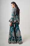 Shop_Nupur Kanoi_Blue Silk, Crepe Sequins, Embroidery, Persian Bloom Peplum Jacket With Gharara _at_Aza_Fashions