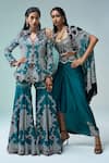 Nupur Kanoi Blue Silk, Crepe Sequins, Embroidery, Persian Bloom Peplum Jacket With Gharara Online at Aza Fashions Nupur Kanoi_Blue Silk, Crepe Sequins, Embroidery, Persian Bloom Peplum Jacket With Gharara _Online_at_Aza_Fashions