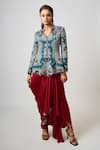 Buy_Nupur Kanoi_Blue Silk, Satin Sequins, Mayan Bloom Peplum Jacket With Cowl Draped Skirt _at_Aza_Fashions