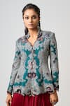 Nupur Kanoi_Blue Silk, Satin Sequins, Mayan Bloom Peplum Jacket With Cowl Draped Skirt _Online_at_Aza_Fashions