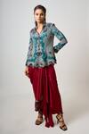 Shop_Nupur Kanoi_Blue Silk, Satin Sequins, Mayan Bloom Peplum Jacket With Cowl Draped Skirt _Online_at_Aza_Fashions