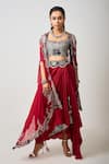 Buy_Nupur Kanoi_Red Crepe, Georgette Sequins, Bahar Flora Embroidered Cape Draped Skirt Set _at_Aza_Fashions