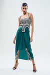 Buy_Nupur Kanoi_Blue Crepe Embroidered Sequin Checkered Kantha Corset With Draped Skirt _at_Aza_Fashions