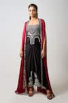 Buy_Nupur Kanoi_Burgundy Crepe Embroidered Sequin Corset Embellished Slit Cape Draped Skirt Set _at_Aza_Fashions