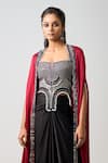 Nupur Kanoi_Burgundy Crepe Embroidered Sequin Corset Embellished Slit Cape Draped Skirt Set _Online_at_Aza_Fashions