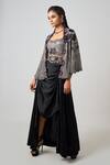 Buy_Nupur Kanoi_Black Crepe Embroidered Sequin Bustier Kantha Cape Draped Skirt Set _at_Aza_Fashions