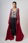 Buy_Nupur Kanoi_Burgundy Crepe Embroidered Sequin Top Floral Scallop Cape Draped Skirt Set _at_Aza_Fashions