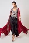 Nupur Kanoi_Burgundy Crepe Embroidered Sequin Top Floral Scallop Cape Draped Skirt Set _Online_at_Aza_Fashions