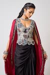 Buy_Nupur Kanoi_Burgundy Crepe Embroidered Sequin Top Floral Scallop Cape Draped Skirt Set _Online_at_Aza_Fashions