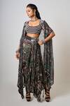 Buy_Nupur Kanoi_Black Crepe Embroidered Sequin Tribal Bead Embellished Cape Cowl Skirt Set _at_Aza_Fashions