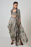 Shop_Nupur Kanoi_Off White Crepe Embroidered Sequin Tribal Embellished Cape Cowl Skirt Set _Online_at_Aza_Fashions